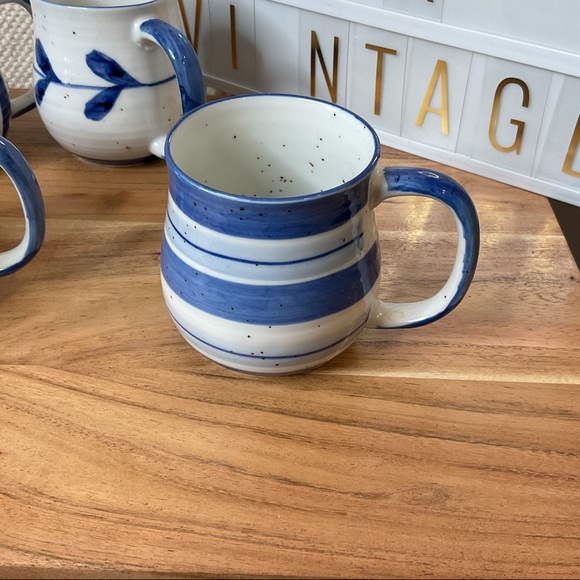 Mug 4 PC. Set Blue And White Stripe Floral Ceramic Cups 10 OZ. - Picture 3 of 8